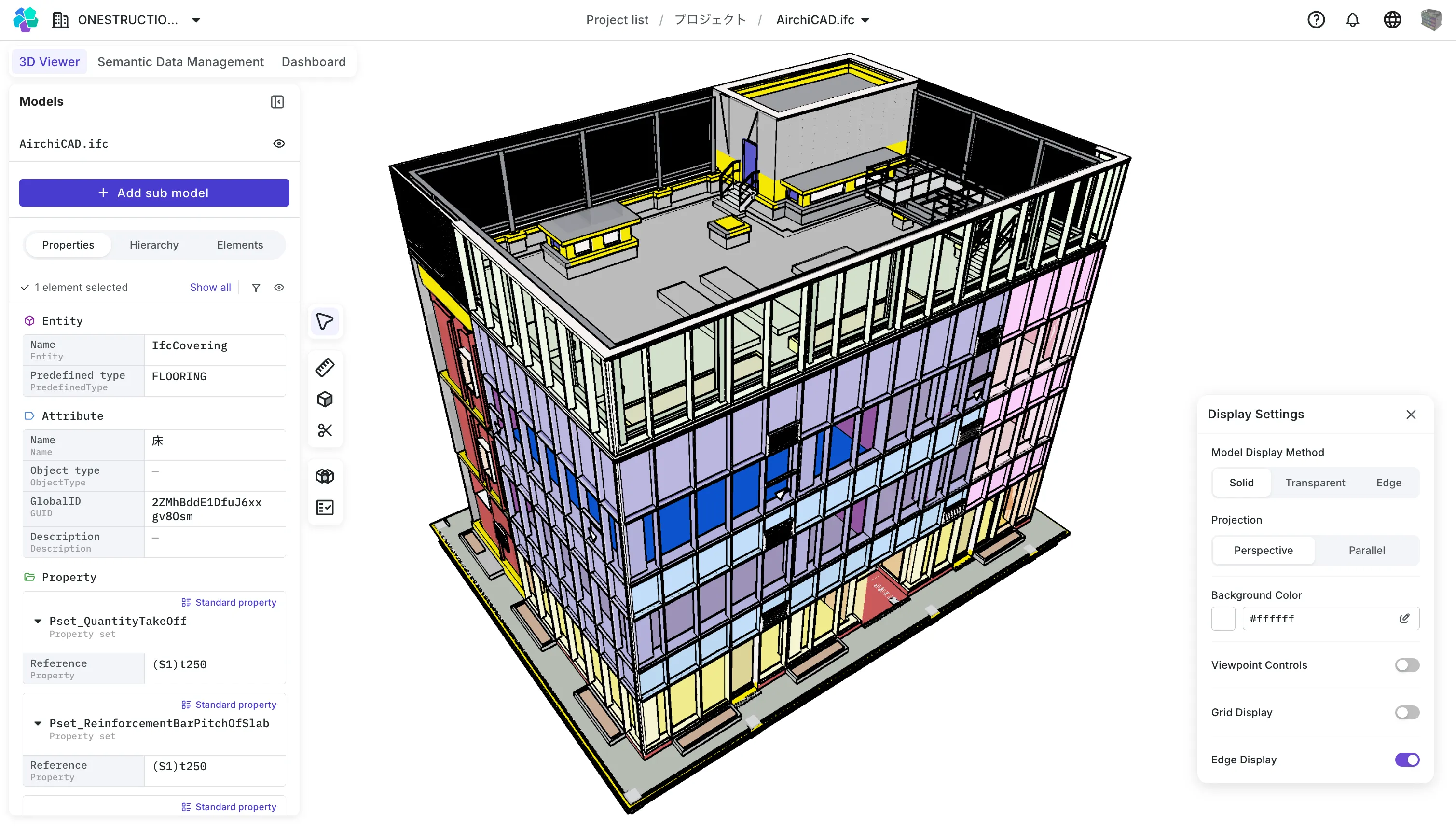 The OpenAEC 3D viewer: an IFC model in the centre, the selected element’s attributes and properties on the left, and display settings on the right