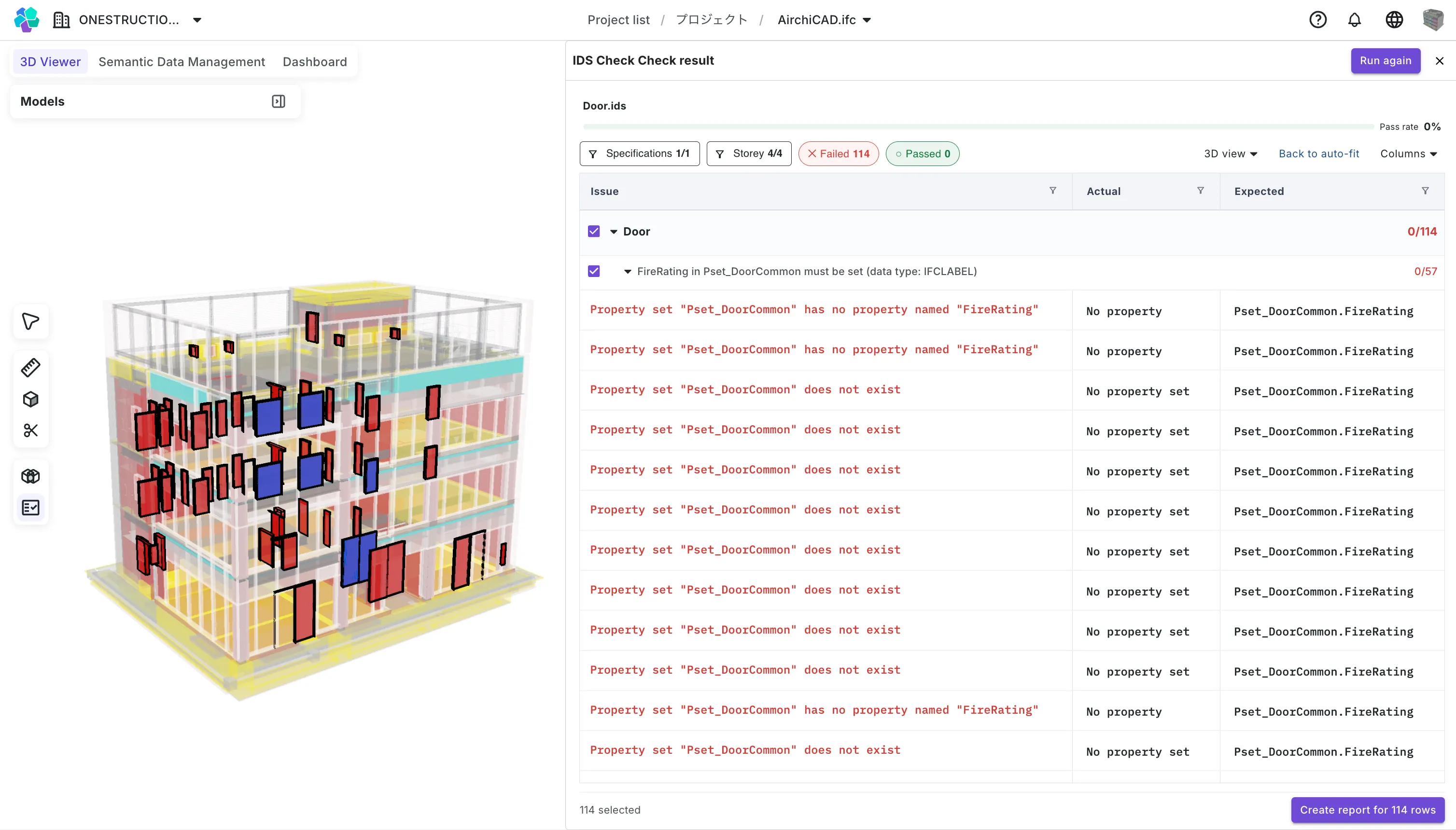 OpenAEC IDS check results: failing doors highlighted in red in the 3D view on the left, with a table of findings, current values and expected values plus the pass rate on the right
